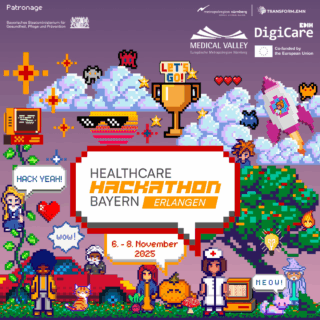 Colorful pixel art motif for the Healthcare Hackathon Bayern – Erlangen from November 6–8, 2025. Retro game world with characters, symbols, and event logo in the center.